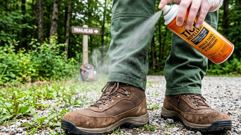 Applying-tick-repellent-to-shoes