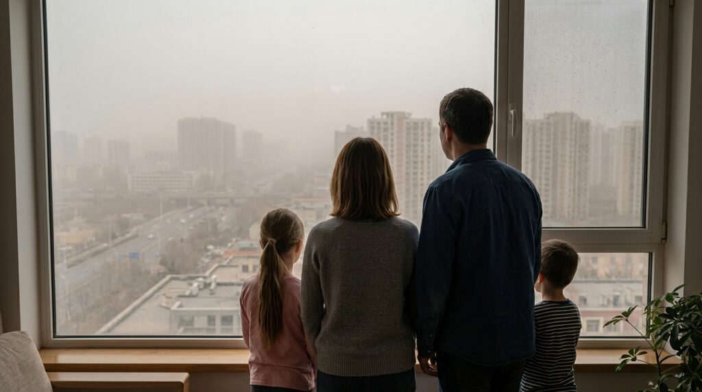 Family-looking-out-window