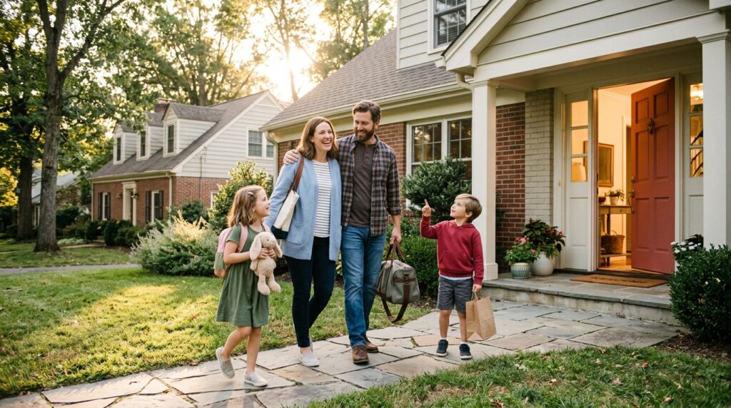 Family-returning-home-smiling