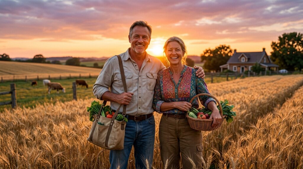 Farmer-couple-smiling-at-sunset