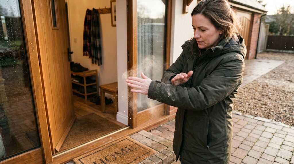 Person-dusting-clothes-at-entrance