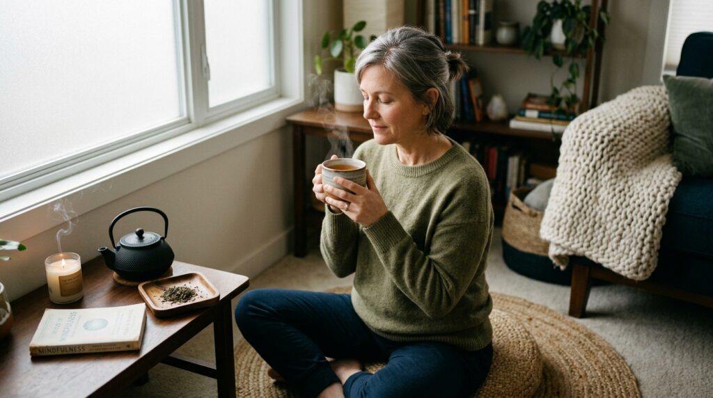 Person-meditating-drinking-tea