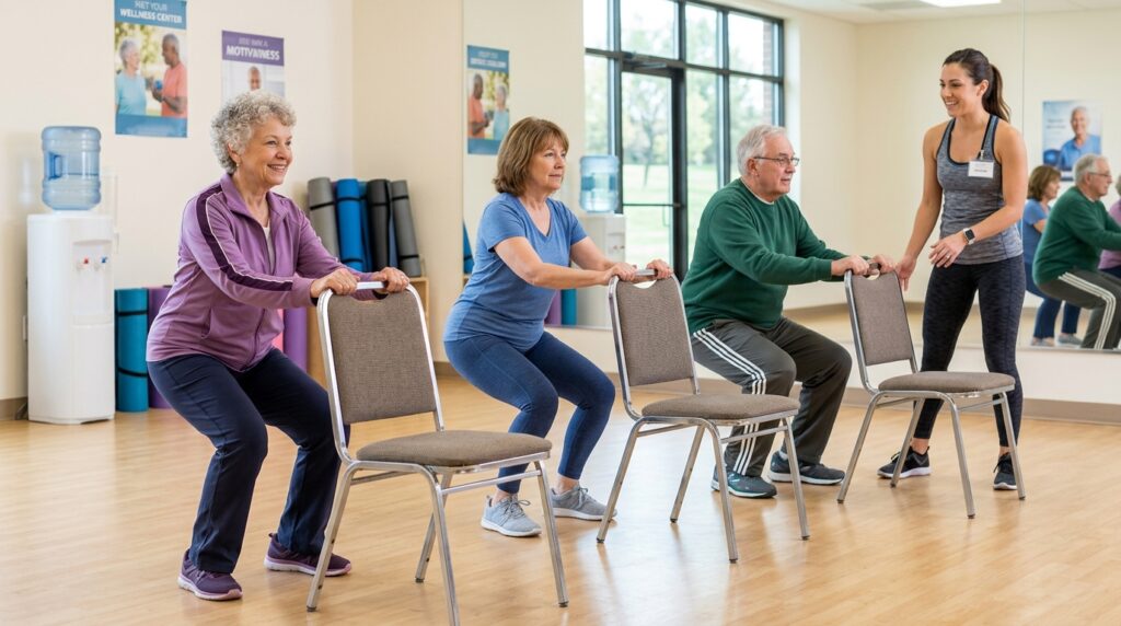 Seniors-squatting-holding-chair