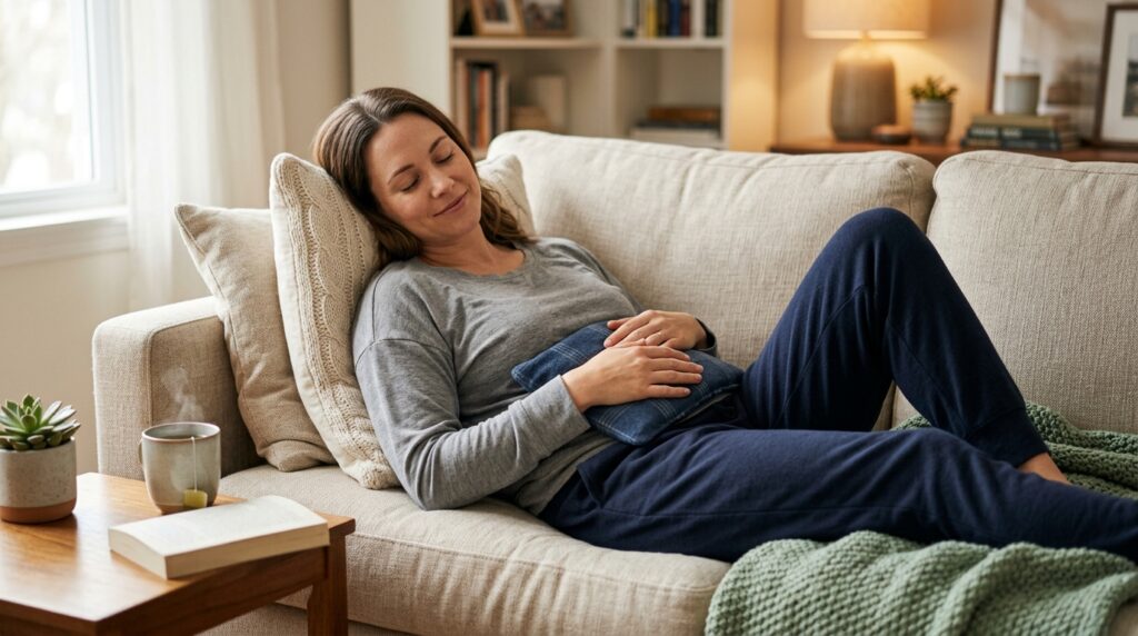 Woman-resting-with-warm-belly-pack