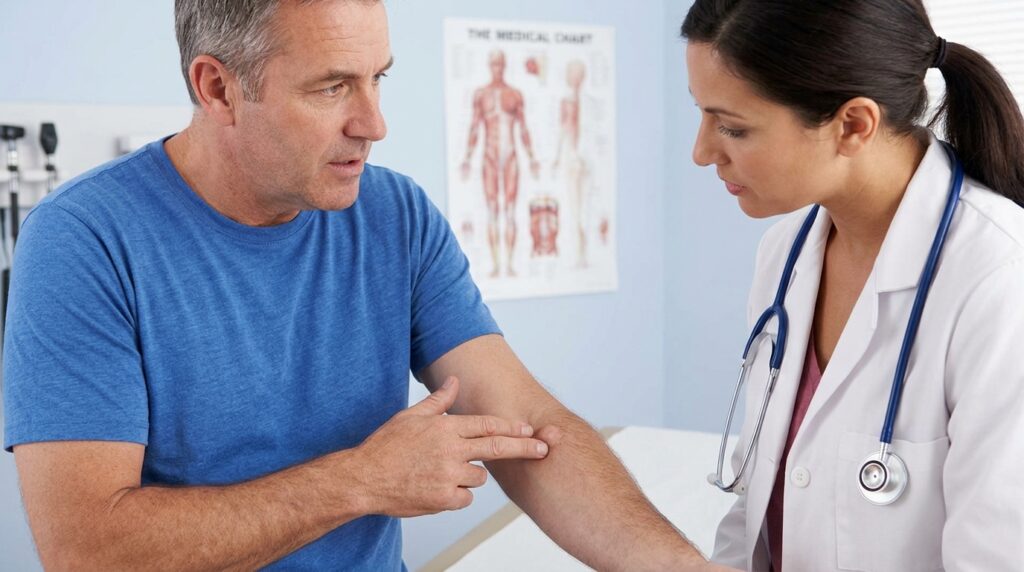a-scene-in-which-a-doctor-is- explained-to-a-doctor-about-the- location -of-a-lump