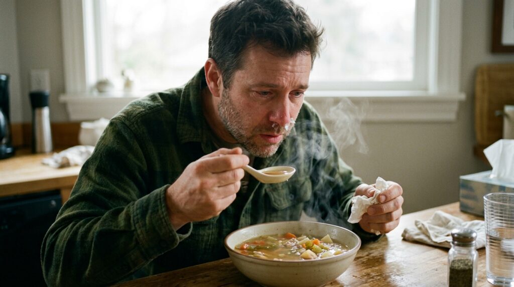 A-man-who-sniffles-while-eating- rice-soup
