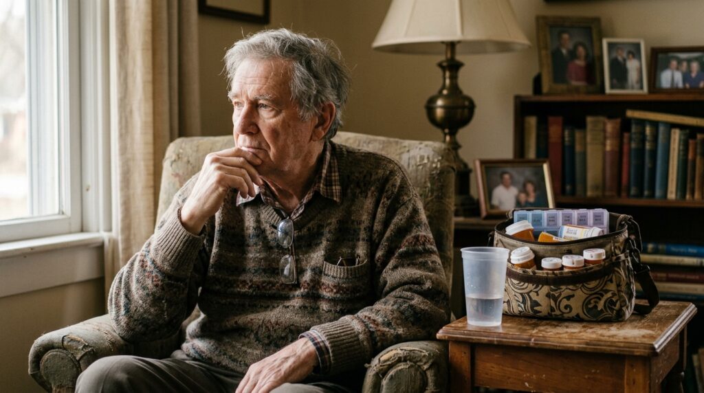 Medication-envelopes-water-cups- and-a-troubled-old-man
