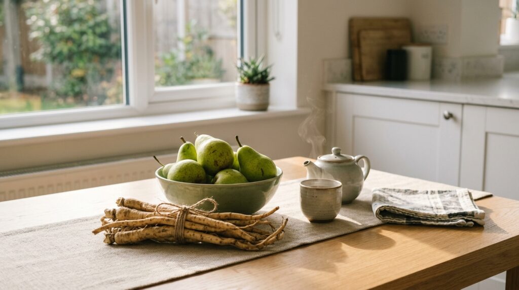 a-kitchen-table-with-fresh-pear-and bellflower