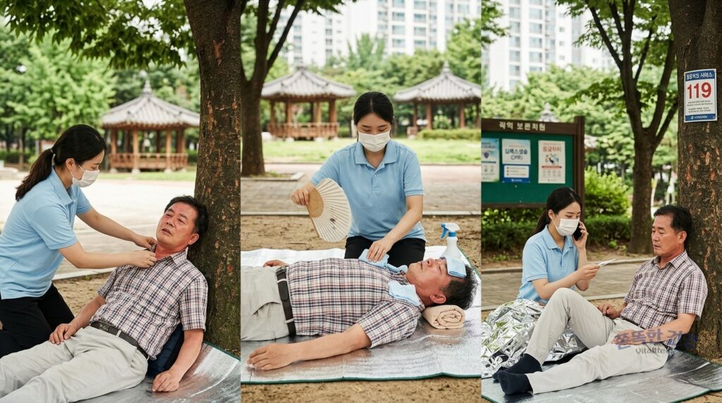 열사병 환자 응급처치 자세를 설명한다.